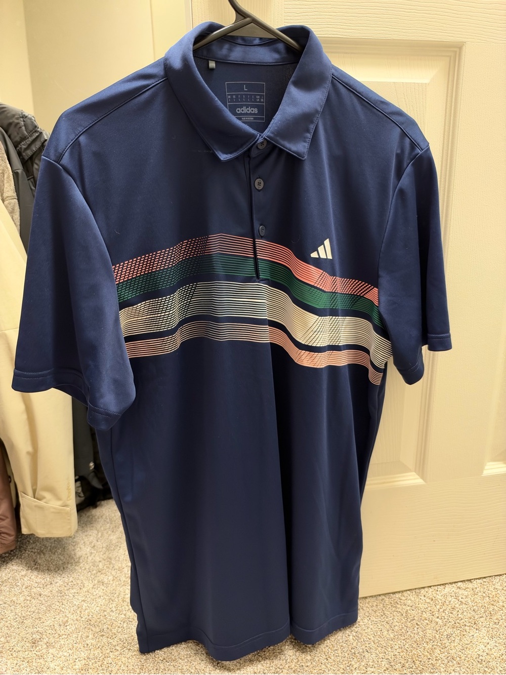 adidas Navy Polo with Multicolor Horizontal Stripes